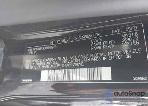 2011 Volvo S80 3.2 from USA, damaged, VIN YV1940AS8B1140249